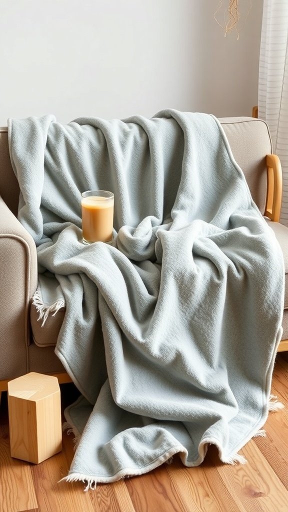 A cozy no-sew fleece blanket draped on a couch with a drink beside it.