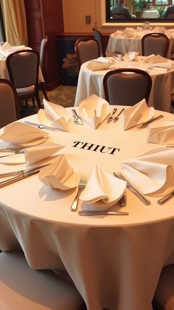 A beautifully set table with creatively folded napkins, showcasing various napkin folding techniques.