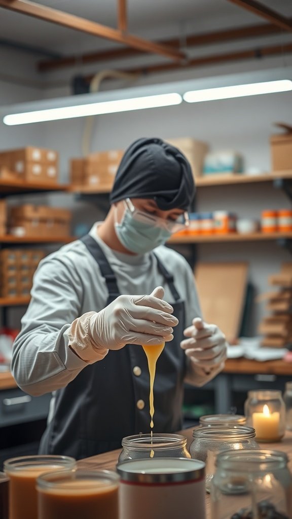 Une personne portant des gants et un masque alors qu'elle fabrique des bougies dans un atelier.