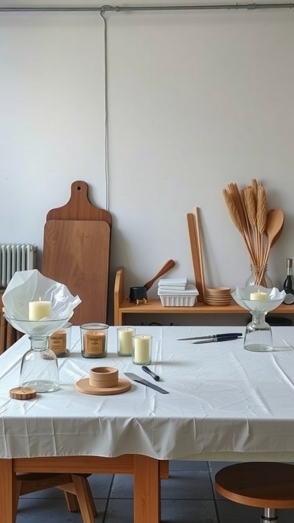 Une surface de travail propre aménagée pour la fabrication de bougies, comprenant des bougies, des outils et un revêtement protecteur.