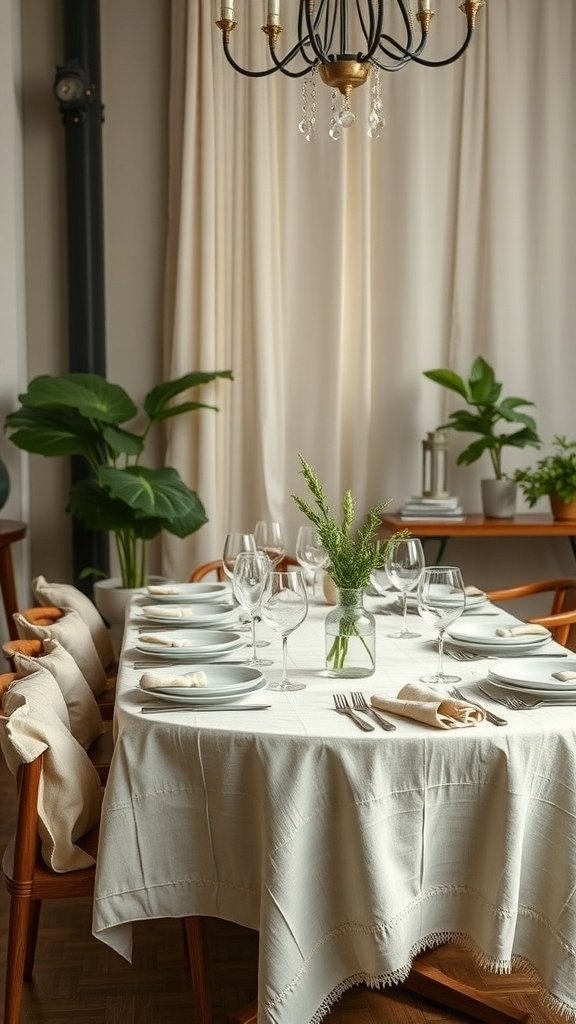 A beautifully set dining table with a light linen tablecloth, glassware, and plants in the background.
