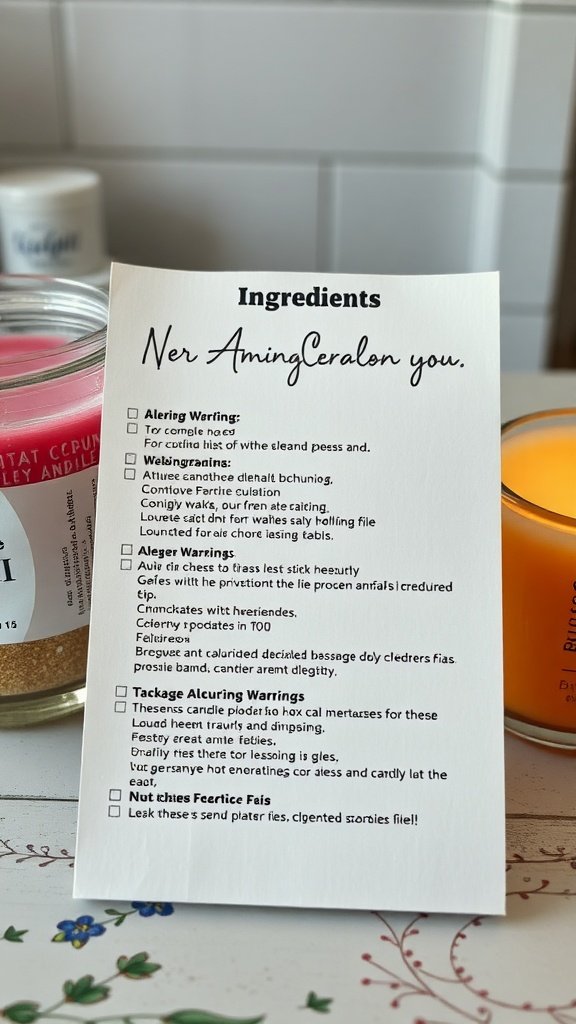 Gros plan sur les ingrédients de fabrication des bougies et les avertissements de sécurité.