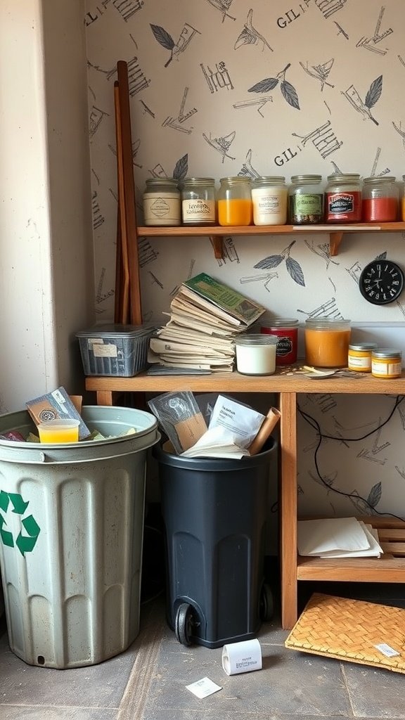 Un espace de travail avec des bacs pour le recyclage et les déchets, entouré de fournitures pour la fabrication de bougies.