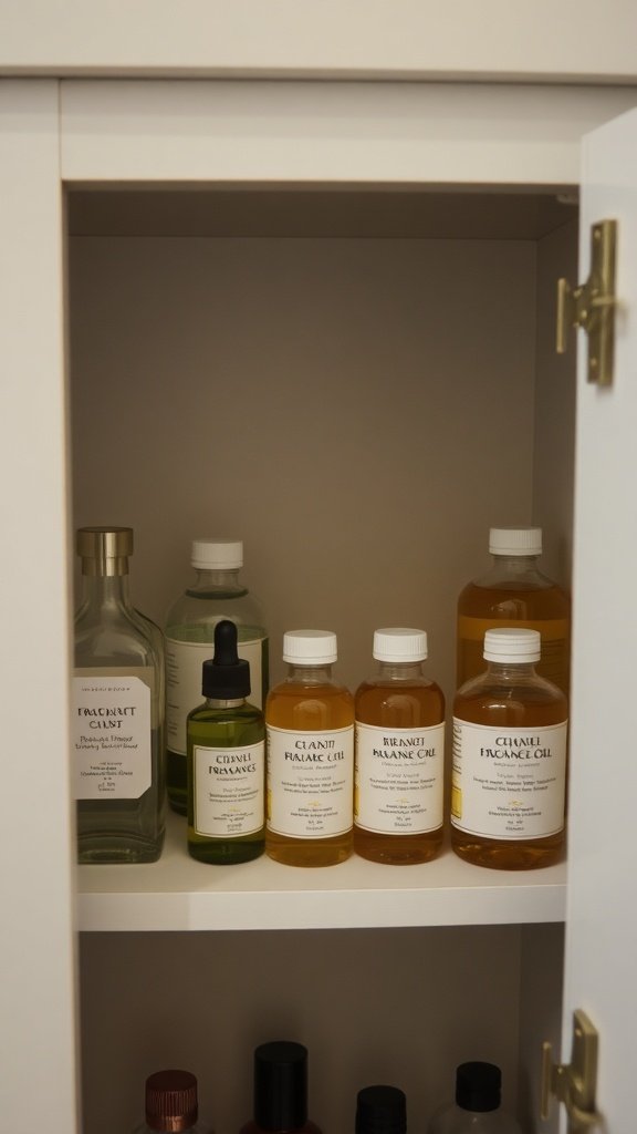 Une étagère soigneusement organisée présentant diverses huiles parfumées dans des bouteilles.