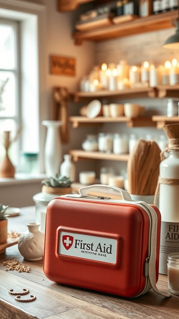 Une trousse de premiers secours rouge sur une table en bois entourée de bougies et d'objets décoratifs.