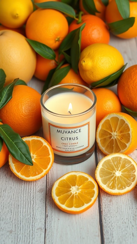 Une bougie au soja Citrus Burst entourée d'oranges et de citrons frais