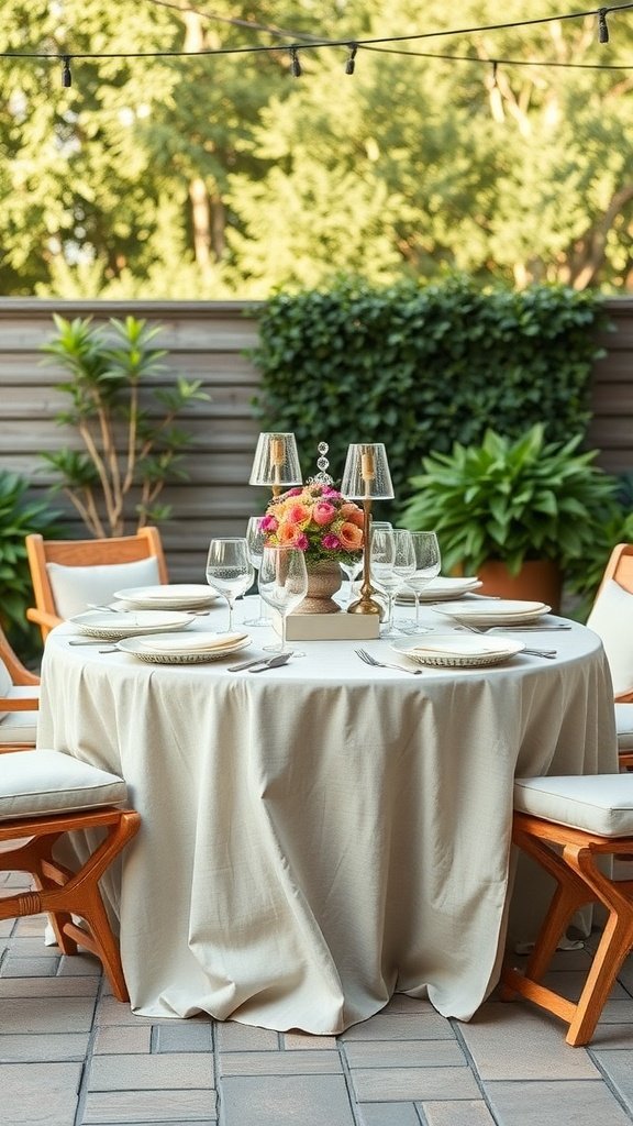 A beautifully set outdoor dining table with a neutral tablecloth, elegant glassware, and a floral centerpiece.