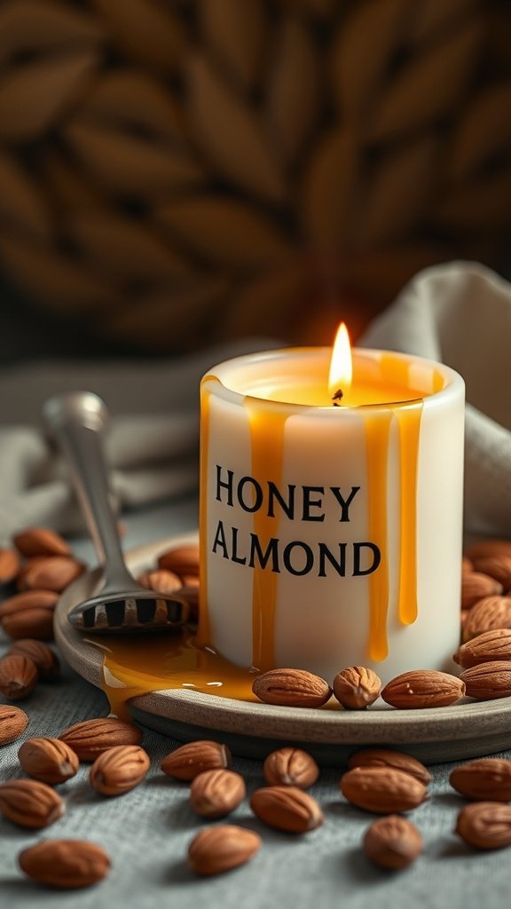 Une bougie parfumée au miel et aux amandes avec du miel coulant sur le côté, entourée d'amandes.