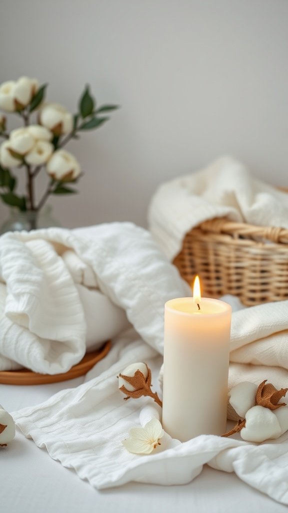 Une bougie allumée entourée de linge doux et de fleurs de coton, créant une atmosphère sereine.