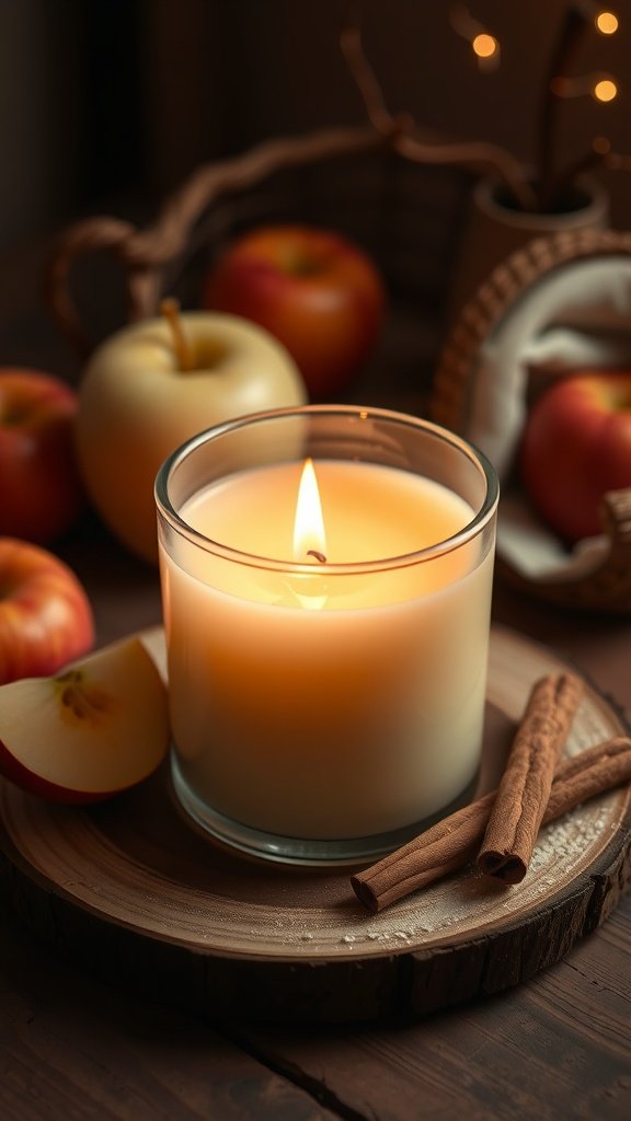 Une bougie chaleureuse entourée de pommes et de bâtons de cannelle, évoquant une atmosphère chaleureuse.