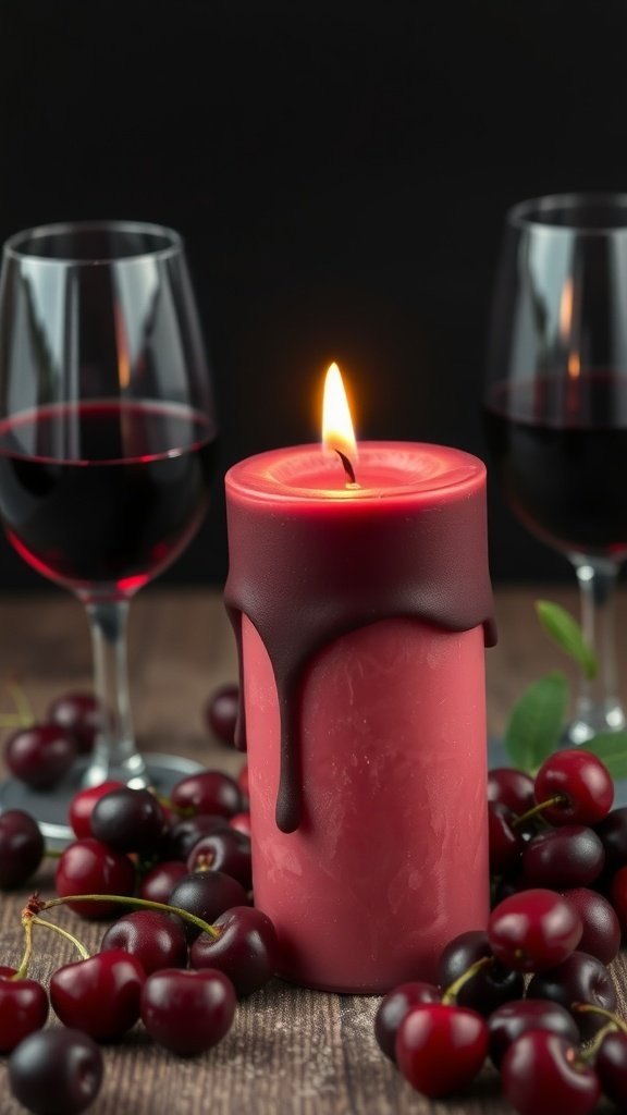 Une bougie rouge sur le thème de la cerise et du Merlot, entourée de cerises et de verres de vin rouge.
