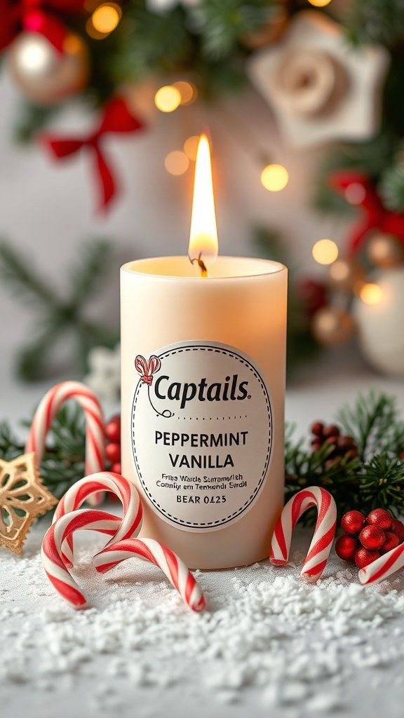 Une bougie allumée à la menthe poivrée et à la vanille entourée de cannes de bonbon et de décorations de Noël