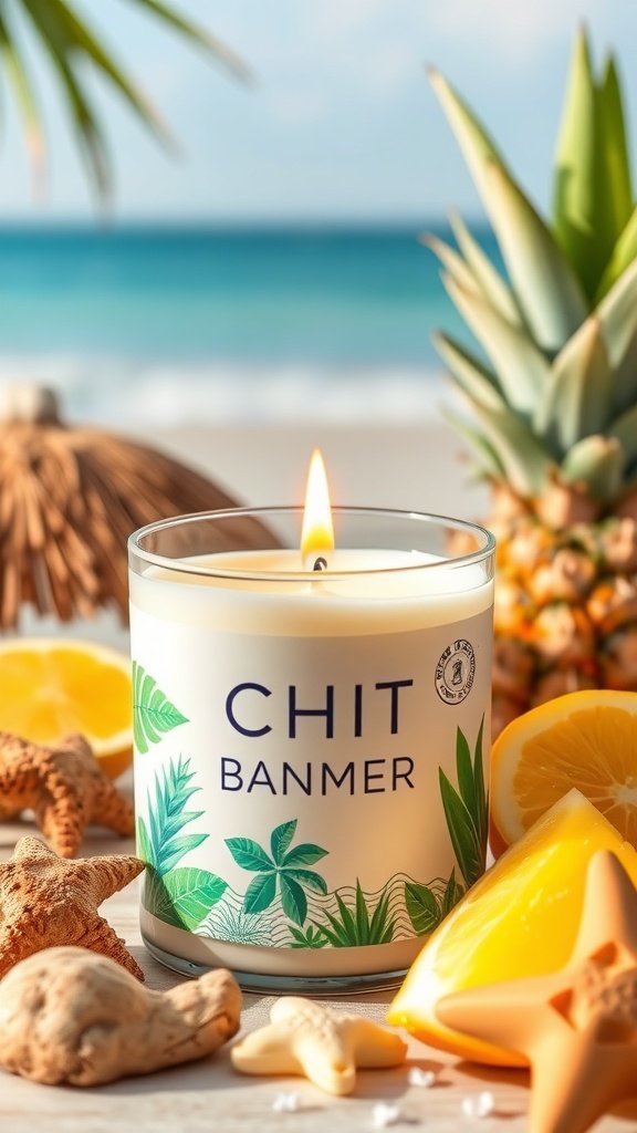 Une bougie tropicale à la noix de coco et à l'ananas entourée d'un décor tropical, comprenant de l'ananas, des tranches de citron et des étoiles de mer.