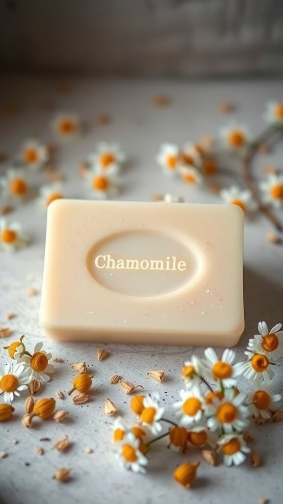 Une barre de savon à la camomille entourée de fleurs de camomille