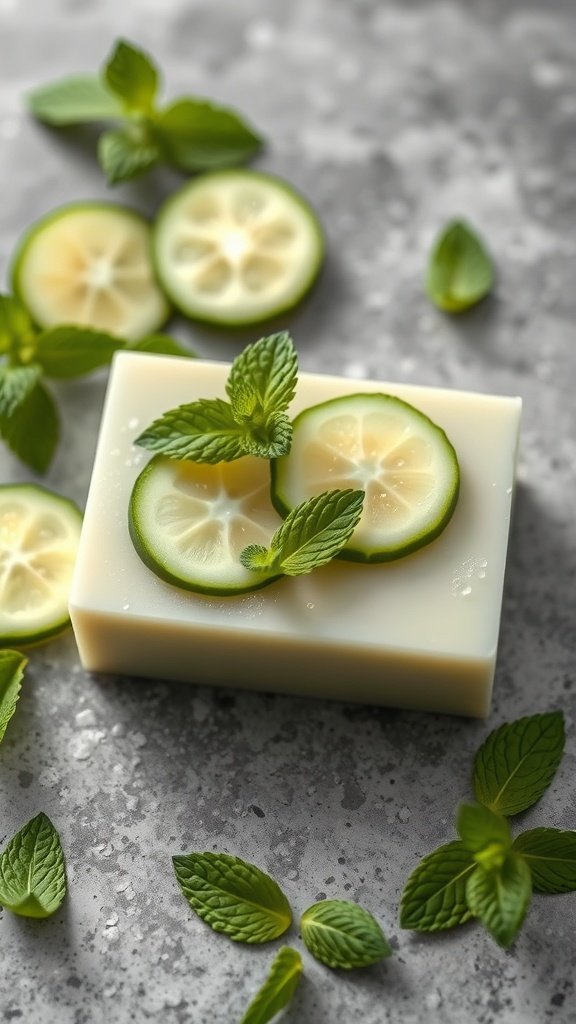 Une barre de savon à la menthe et au concombre décorée de tranches de concombre et de feuilles de menthe sur une surface grise.