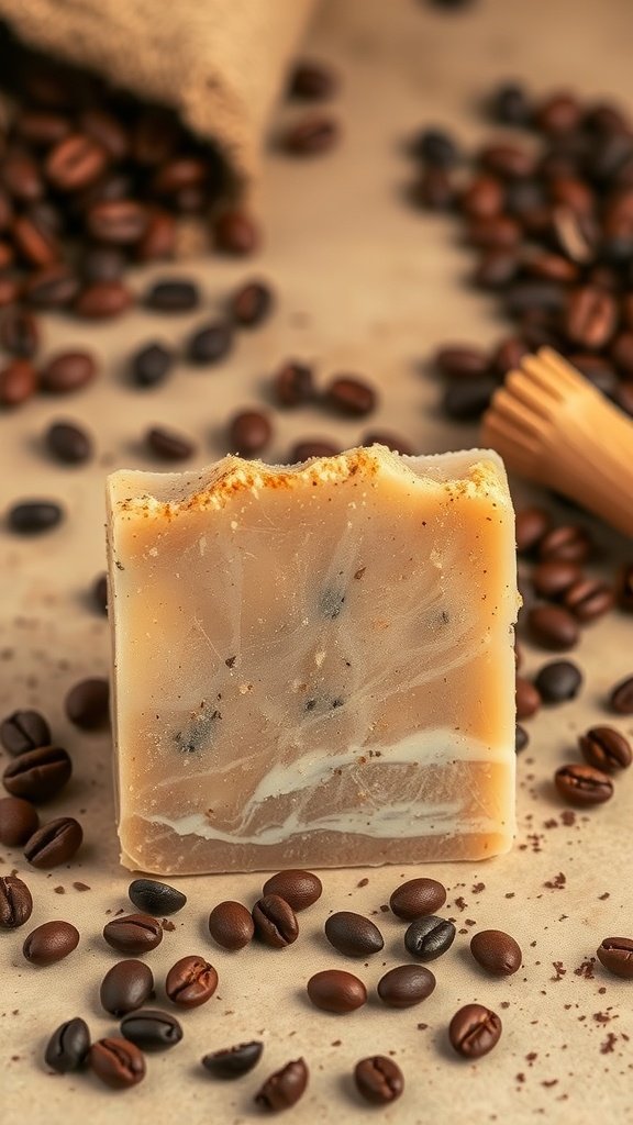 Una barra de jabón exfoliante de café rodeada de granos de café.