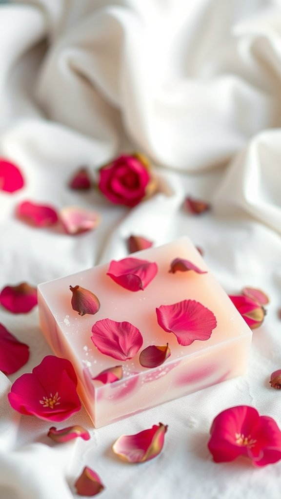 Una barra de jabón con pétalos de rosa sobre una tela blanca suave.