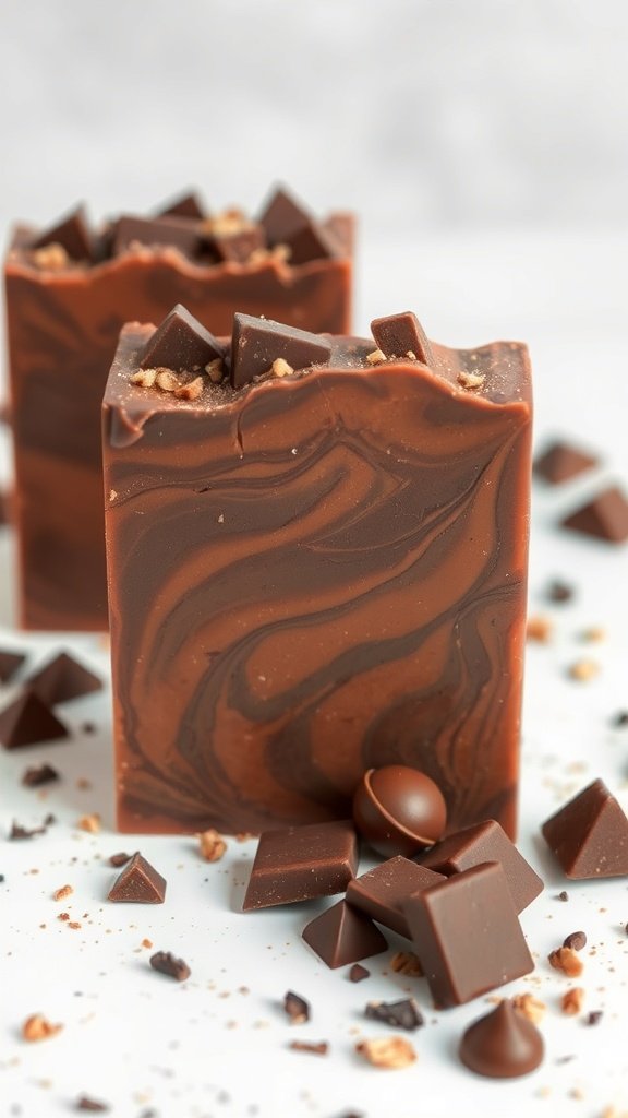 Barras de jabón con remolinos de chocolate y trozos de chocolate esparcidos alrededor.