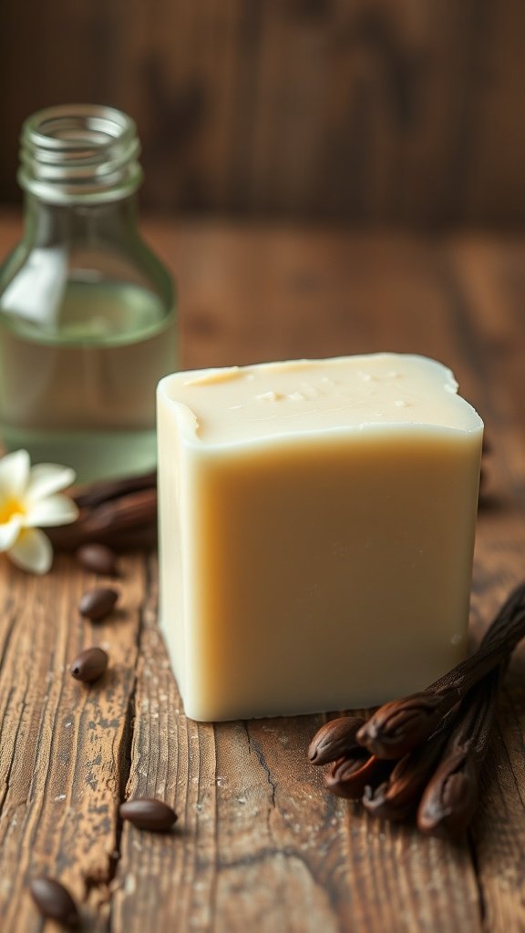Una barra de jabón de crema de vainilla junto a vainas de vainilla y una pequeña botella de aceite.