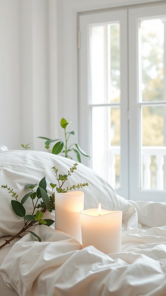 Two white candles on a bed with white linens and green leaves, creating a fresh and serene atmosphere.
