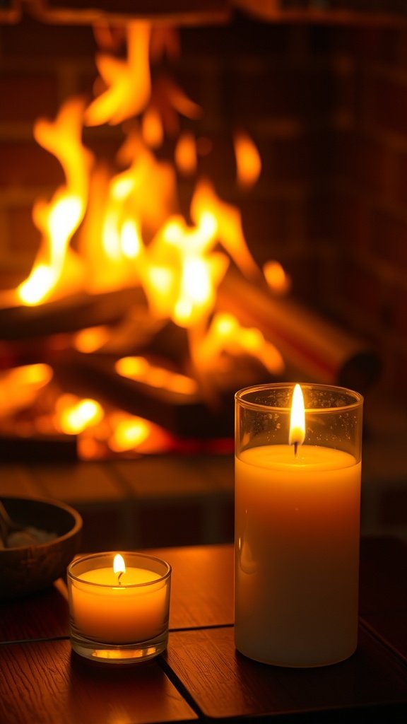 Two candles glowing softly in front of a fireplace, creating a cozy atmosphere.