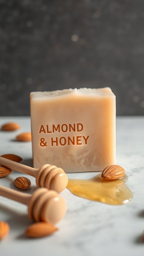 Una barra de jabón de almendras y miel con almendras y gotas de miel alrededor.