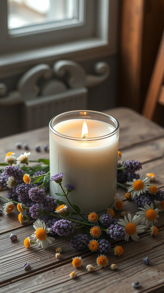 A lit candle surrounded by lavender and chamomile flowers on a wooden table.
