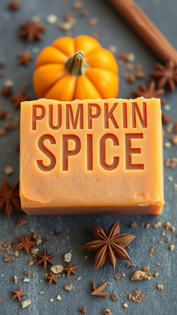 Una barra de jabón con especias de calabaza con las palabras 'PUMPKIN SPICE' grabadas en ella, rodeada de una calabaza naranja, anís estrellado y ramas de canela.