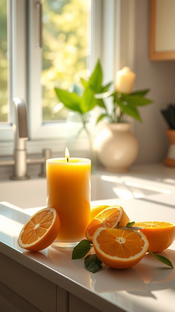 A vibrant orange candle surrounded by fresh orange slices, set on a kitchen countertop.