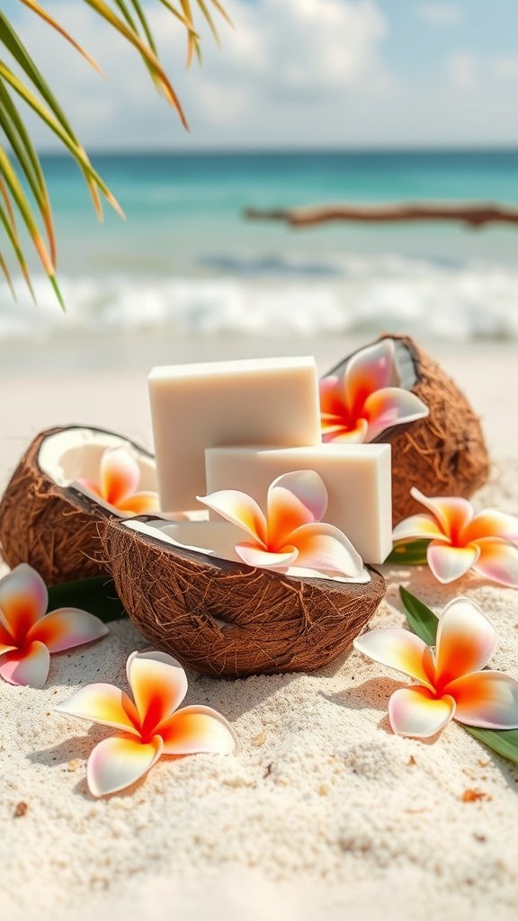 Barras de sabão de leite de coco em cascas de coco com flores tropicais em uma praia de areia