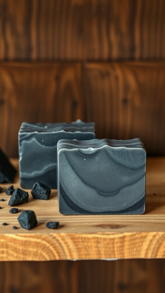 Duas barras de sabão detox de carvão ativado sobre uma superfície de madeira com pedaços de carvão espalhados ao redor.