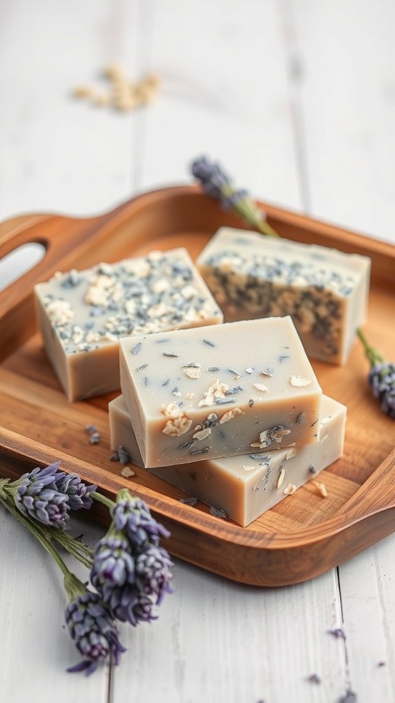 Barras de sabão de lavanda e aveia em uma bandeja de madeira com flores de lavanda