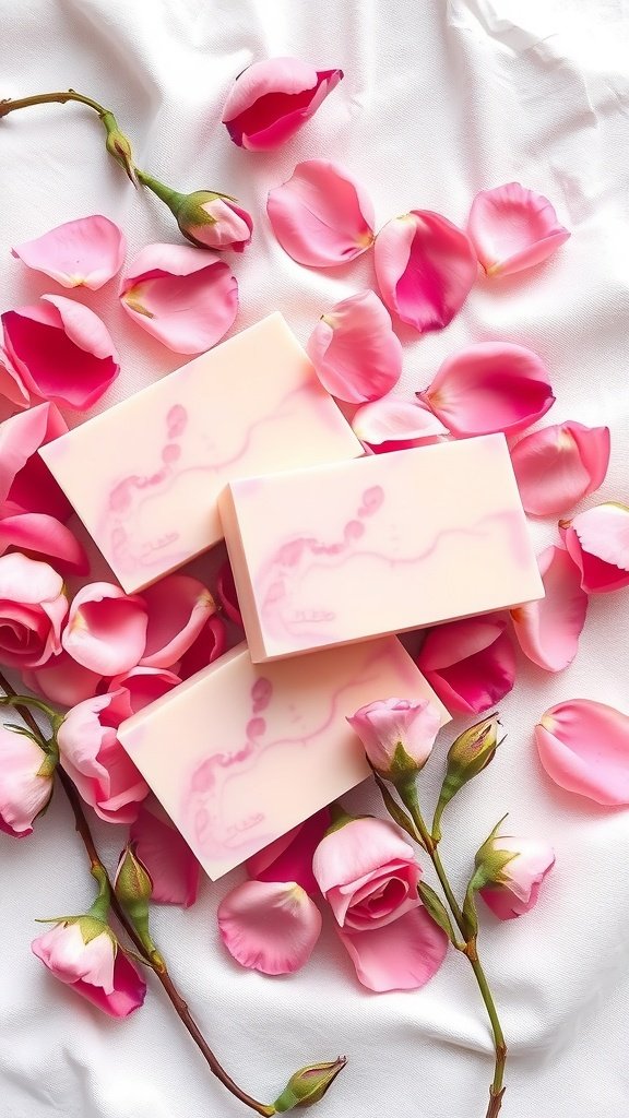 Barras de sabão de pétalas de rosa cercadas por pétalas de rosa frescas em um fundo branco