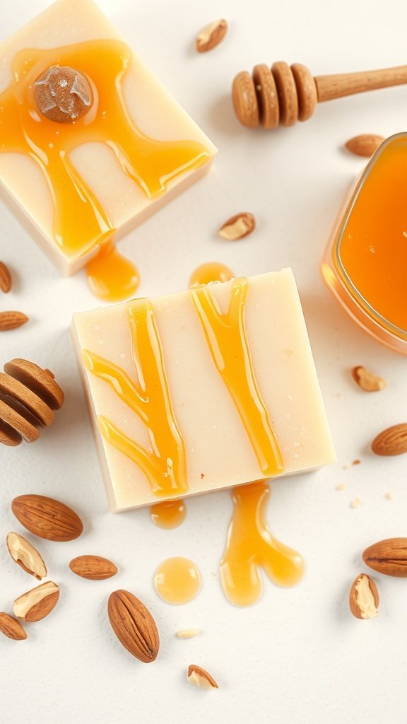Barras de sabonete de mel e amêndoas com fio de mel e amêndoas