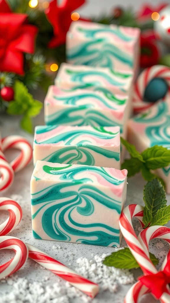 Barras de sabonete em formato de redemoinho de hortelã com bastões de doces e decorações festivas