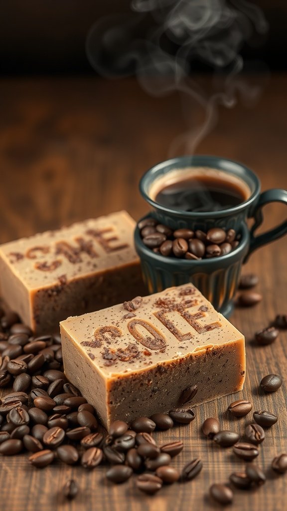 Barras de sabonete esfoliante de café ao lado de uma xícara de café e grãos de café