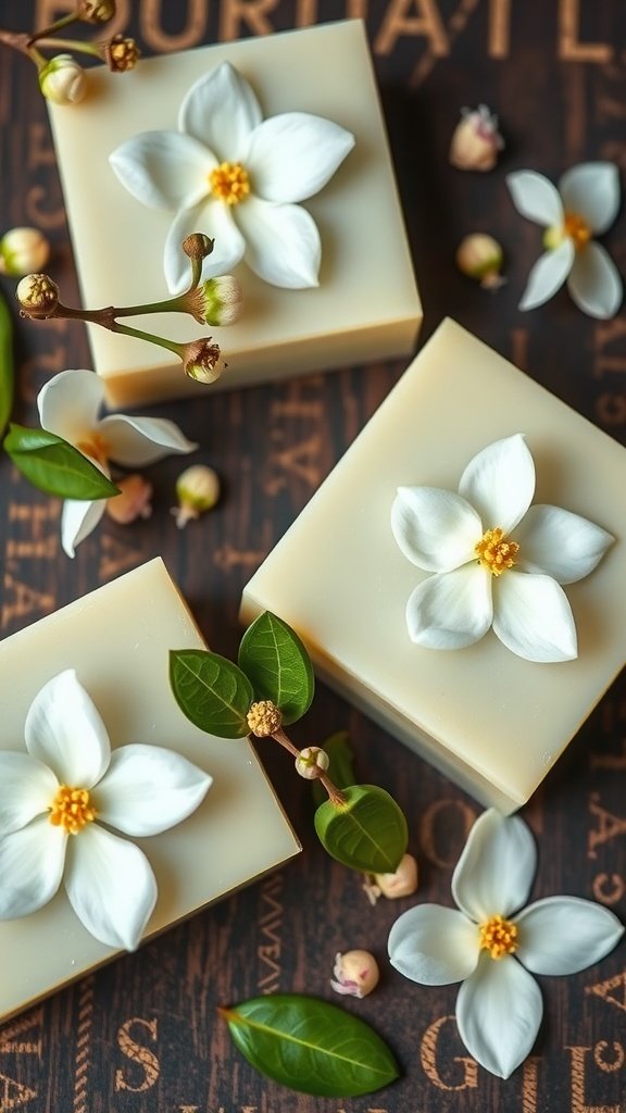 Três barras de sabonete de jasmim e chá verde com flores e folhas de jasmim