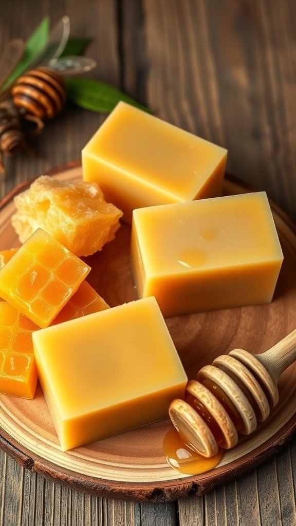 Barras de sabão de cera de abelha com favo de mel em um prato de madeira