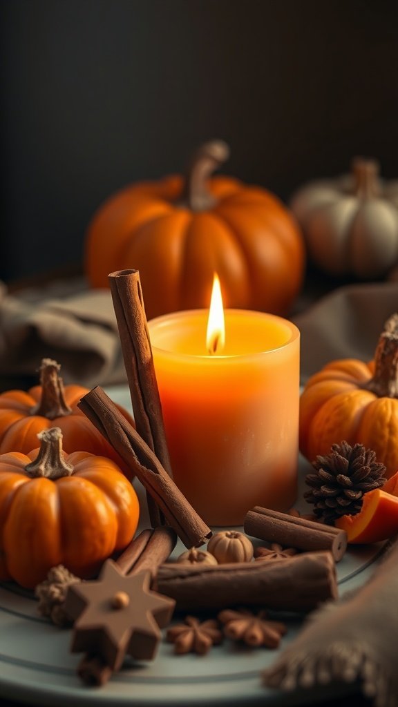 A warm spiced pumpkin scented candle surrounded by mini pumpkins and cinnamon sticks.