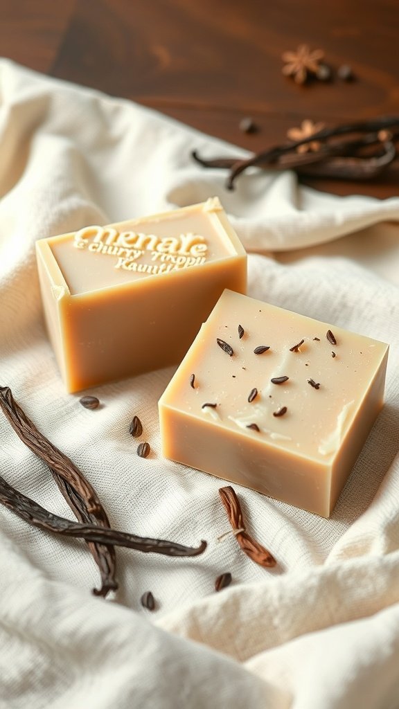 Duas barras de sabonete de baunilha com manteiga de karité, rodeadas por favas e sementes de baunilha.