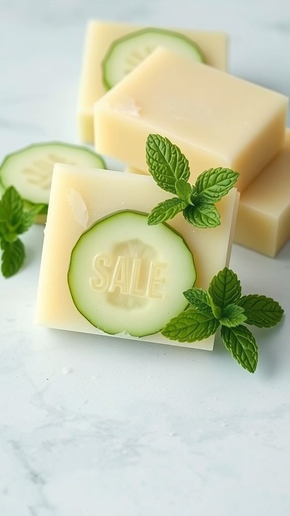 Barras de sabonete de pepino e hortelã com fatias de pepino fresco e folhas de hortelã