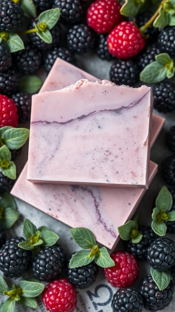 Barras de sabonete de amora e sálvia cercadas por amoras e framboesas frescas
