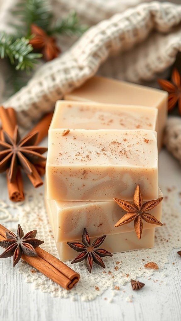 Barras de sabonete de especiarias e canela com anis estrelado e paus de canela