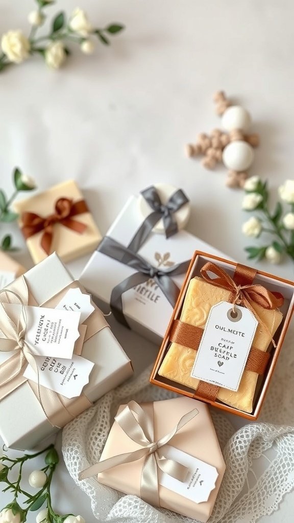 Uma coleção de conjuntos de sabonetes para presente lindamente embalados com fitas e etiquetas