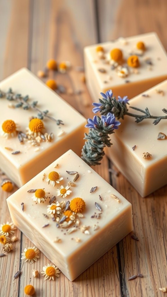 Barras de sabonete de camomila e lavanda com flores secas sobre uma superfície de madeira