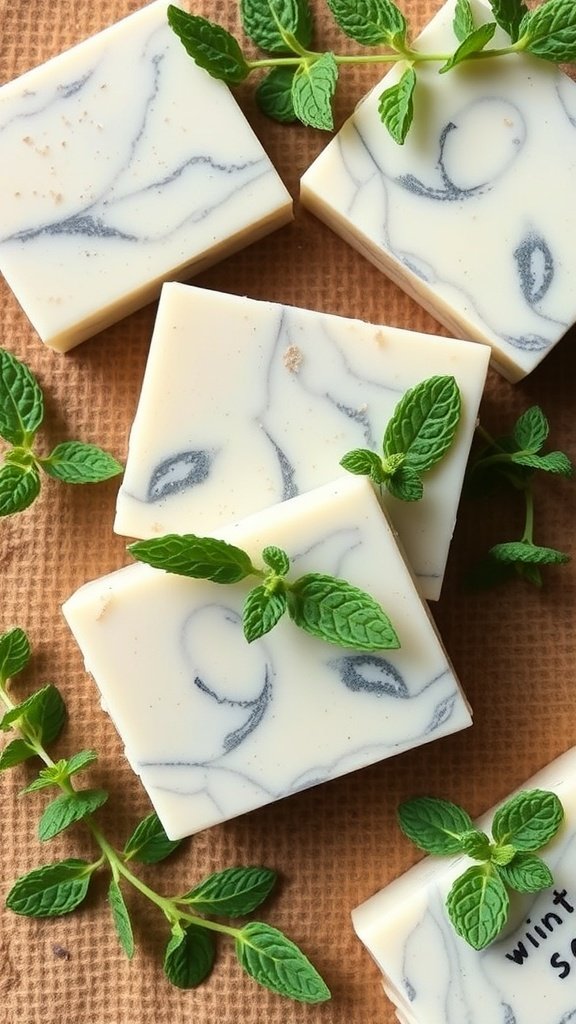 Barras de sabão de eucalipto e menta com folhas de hortelã fresca