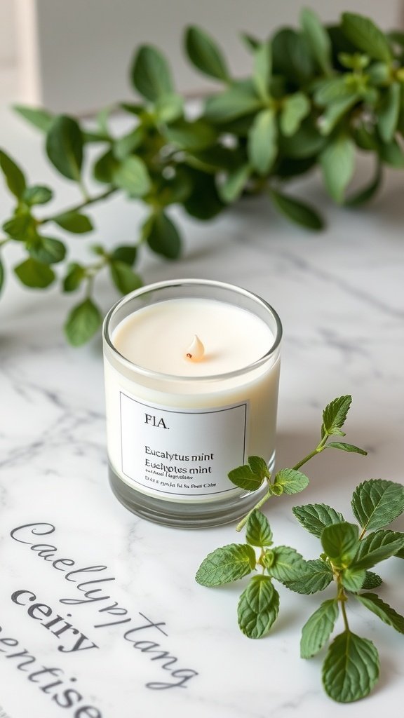 Eucalyptus mint scented candle with fresh mint leaves