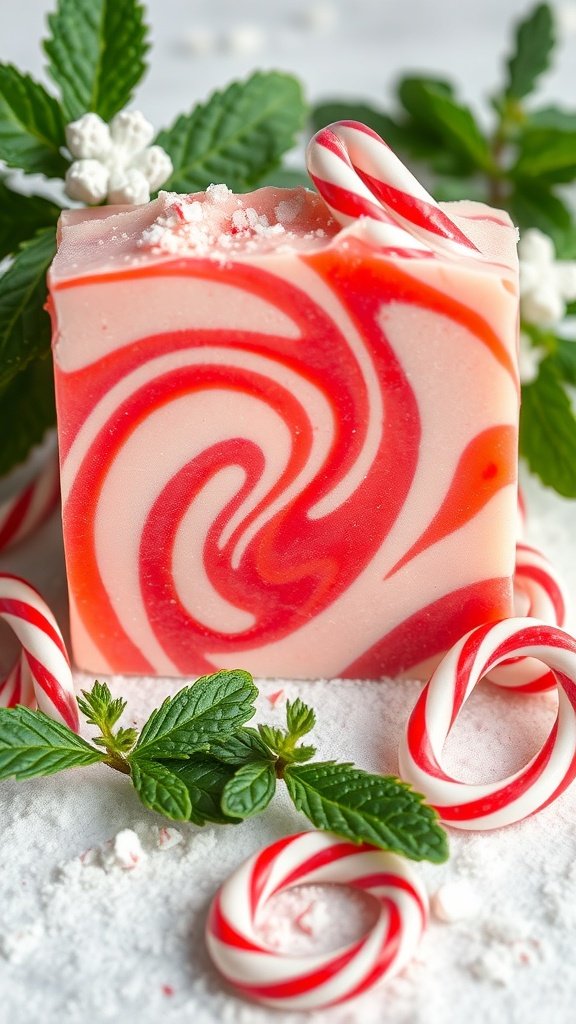 Uma barra de sabonete de hortelã com redemoinhos vermelhos e brancos, cercada por balas de hortelã e folhas de hortelã.