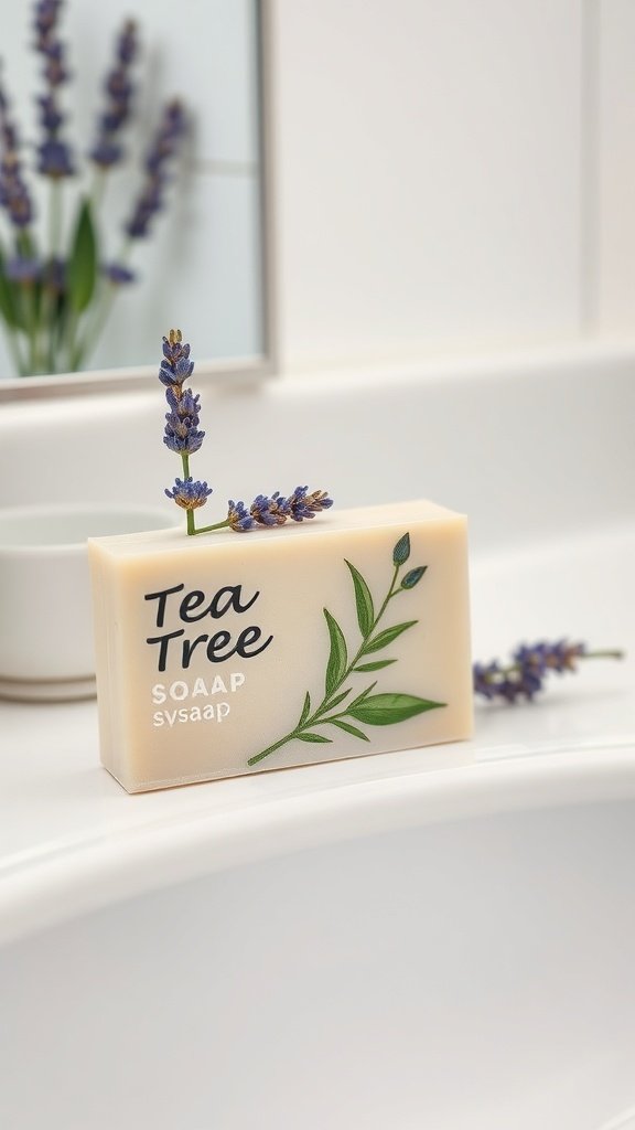 Uma barra de sabonete de melaleuca com raminhos de lavanda em um balcão de banheiro