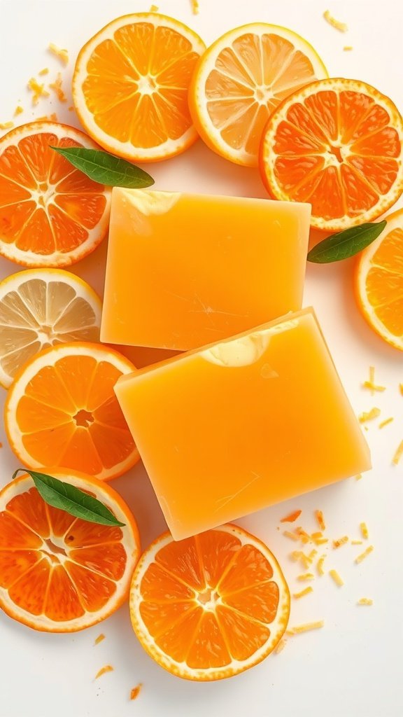 Barras de sabão laranja brilhantes cercadas por fatias de laranja e limão